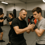 Trening boksu w Poznaniu w sali Golden Tiger podczas ćwiczeń techniki z trenerem.